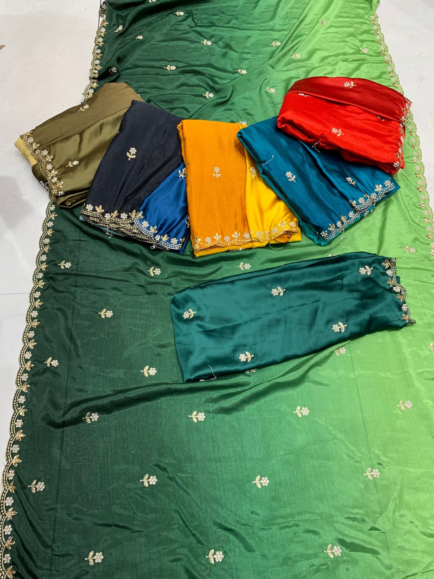 DF-PEARL ANJALI SAREE WITH PADDING COLOURS WITH MOTI AND MIRROR WORK WITH HEAVY SATIN BLOUSE