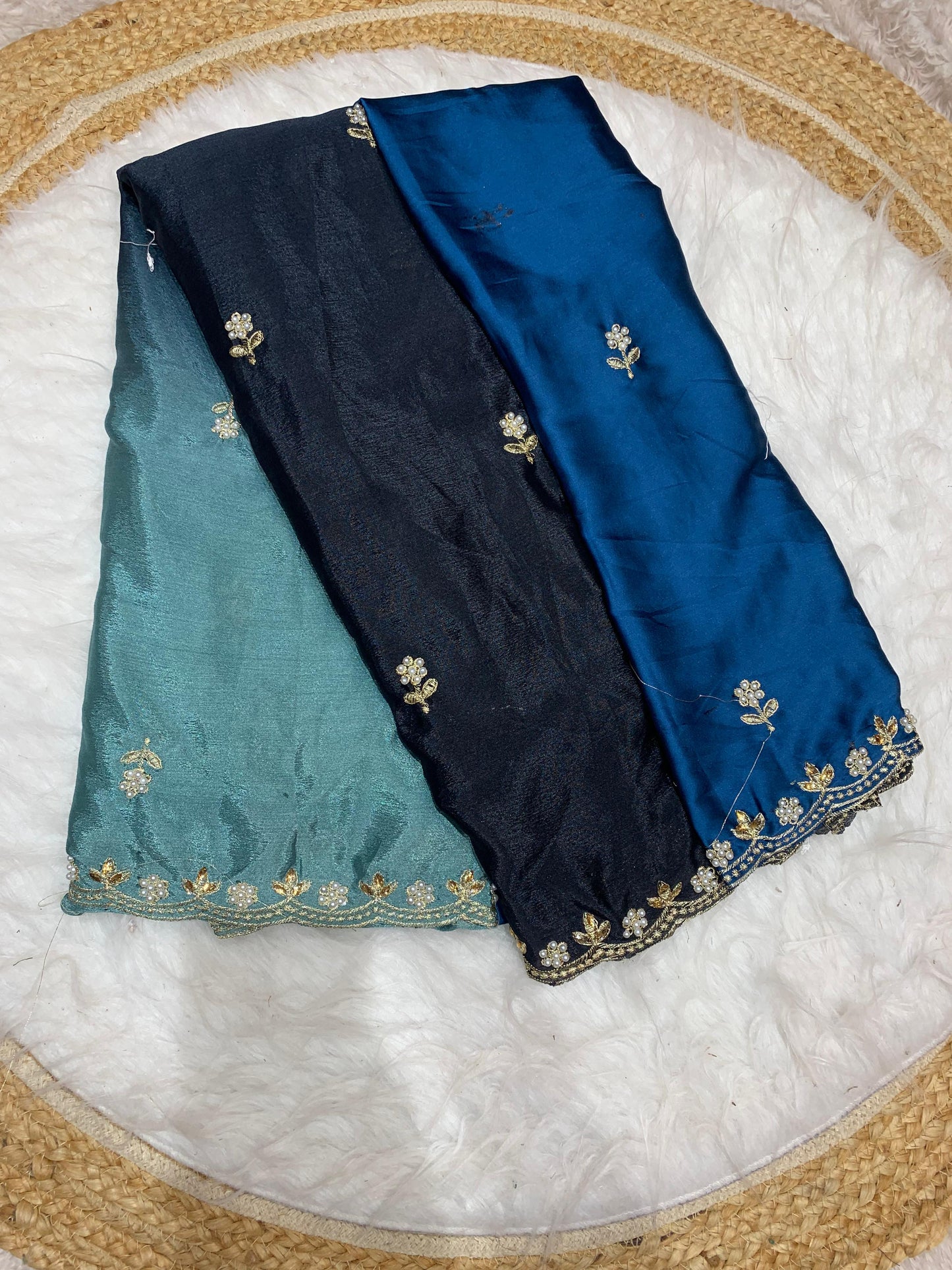 DF-PEARL ANJALI SAREE WITH PADDING COLOURS WITH MOTI AND MIRROR WORK WITH HEAVY SATIN BLOUSE