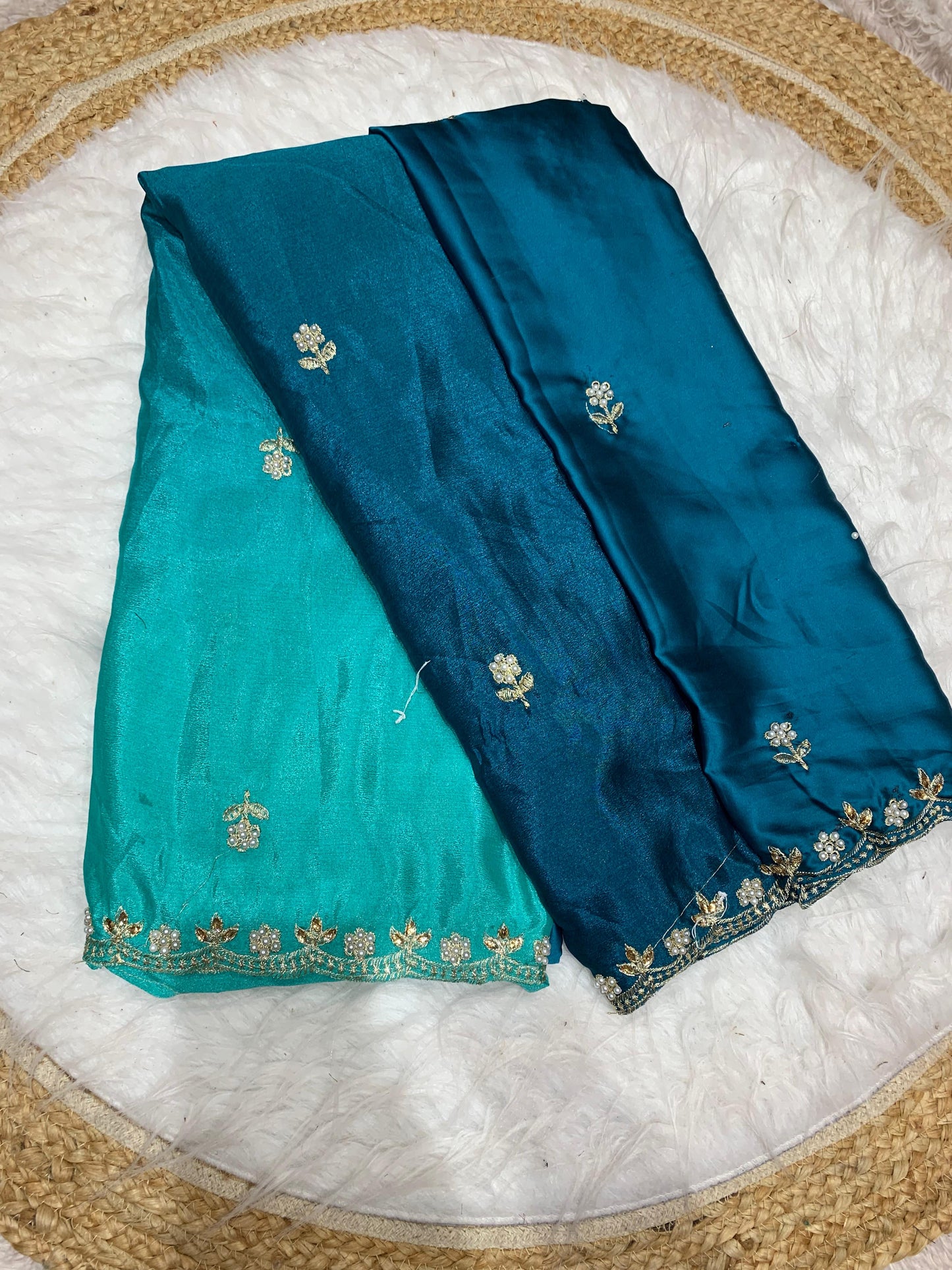 DF-PEARL ANJALI SAREE WITH PADDING COLOURS WITH MOTI AND MIRROR WORK WITH HEAVY SATIN BLOUSE