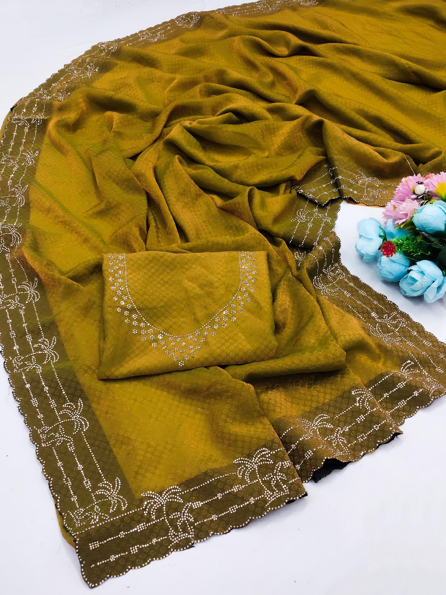 DF-GOA FANCY FENDI BUTTI SAREE WITH BEAUTIFUL TREE DESIGN JARKAN WORK ALL OVER WITH JARKAN BLOUSE