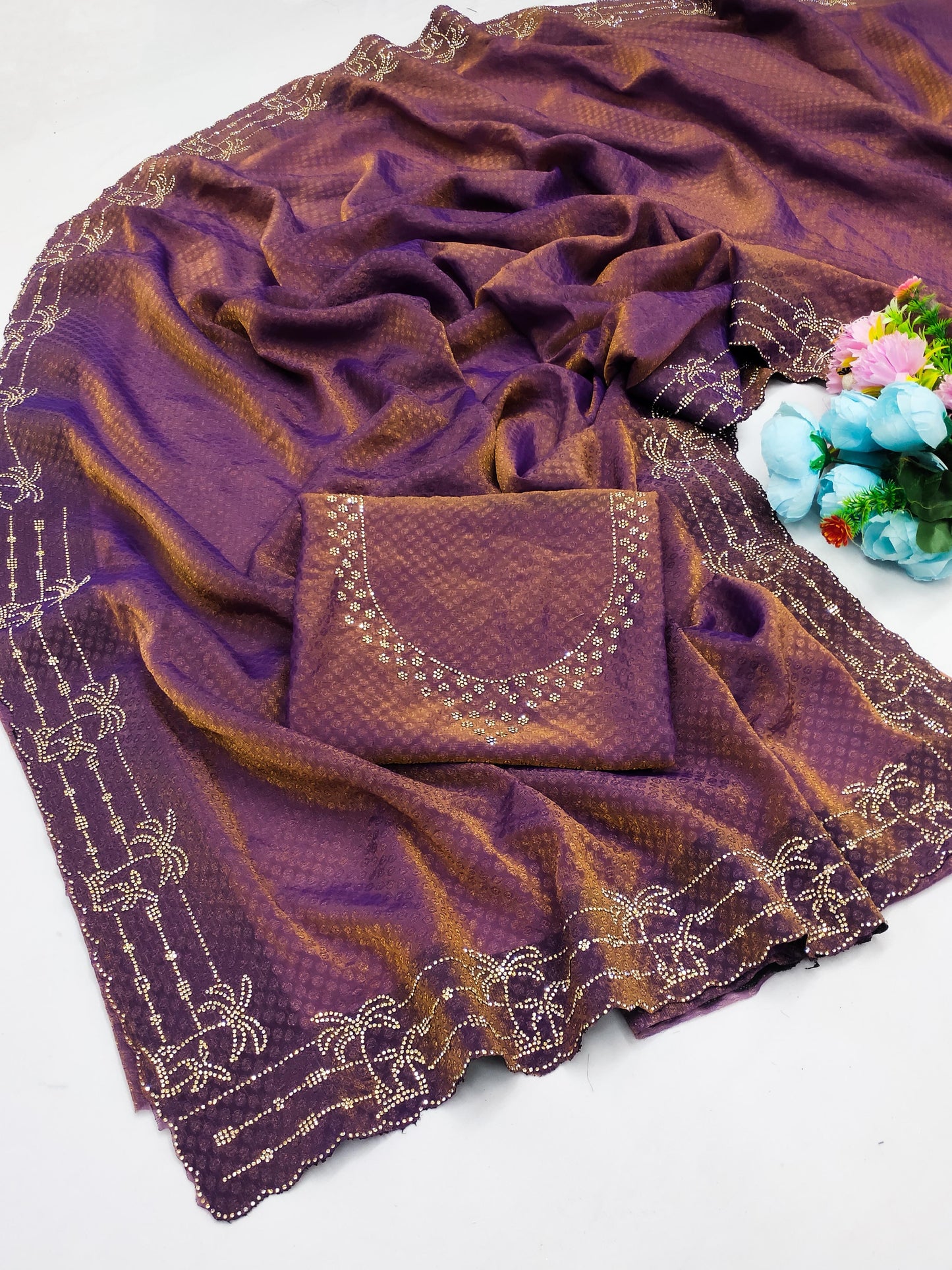 DF-GOA FANCY FENDI BUTTI SAREE WITH BEAUTIFUL TREE DESIGN JARKAN WORK ALL OVER WITH JARKAN BLOUSE