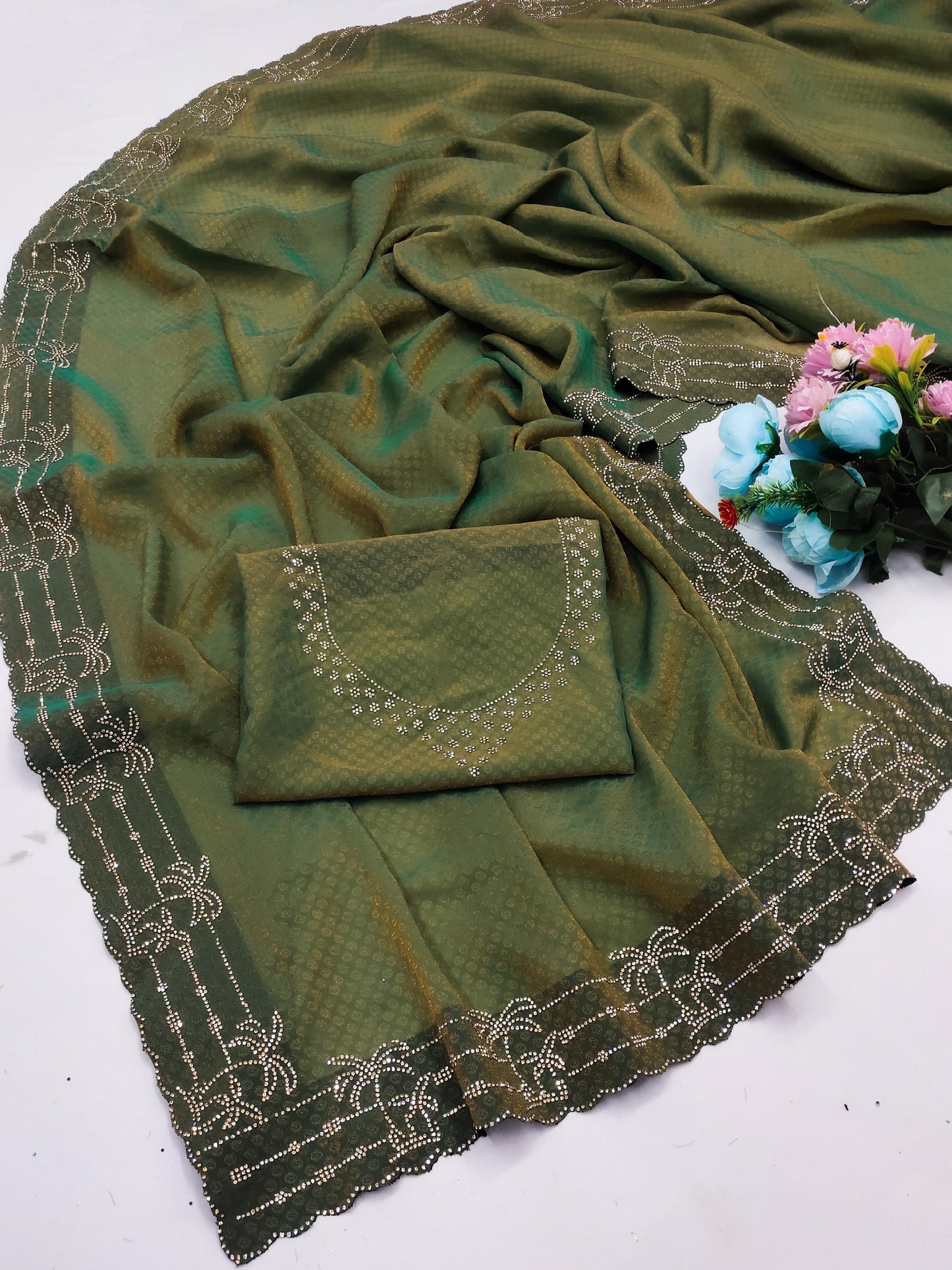 DF-GOA FANCY FENDI BUTTI SAREE WITH BEAUTIFUL TREE DESIGN JARKAN WORK ALL OVER WITH JARKAN BLOUSE