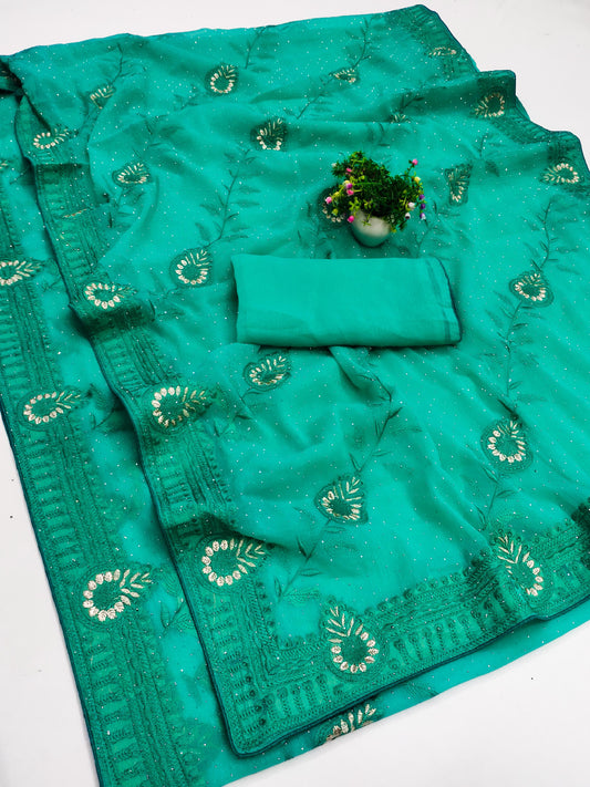 DF-BLACK-ROSE PREMIUM SIMMER SAREE WITH BEAUTIFUL THREAD WORK AND SIROSKI ALL OVER