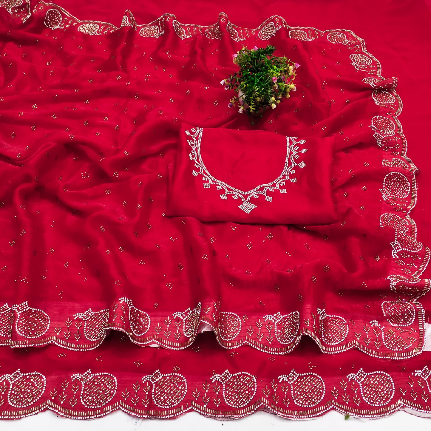 DF-CODE SPACE SILK SAREE WITH HEAVY HANDWORK AND JARKAN WORK MATKA DESIGN WITH DMC WORK ON BODY WITH HEAVY BLOUSE