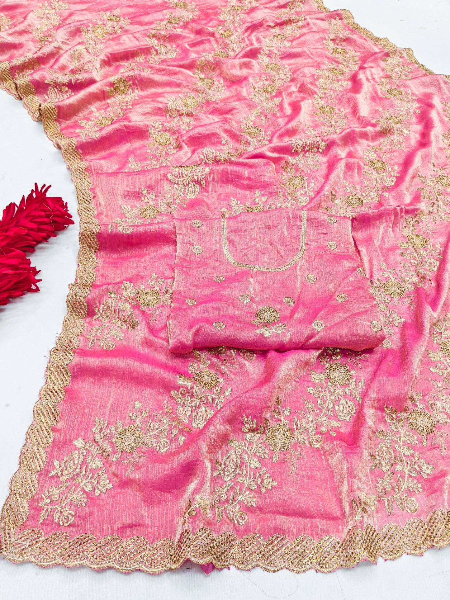 DF-DOLLY-D FENDI CRUSH SAREE BEATUFIUL LAHERIA PATTERN WITH BEUTIFUL BORDER WITH SIROSKI