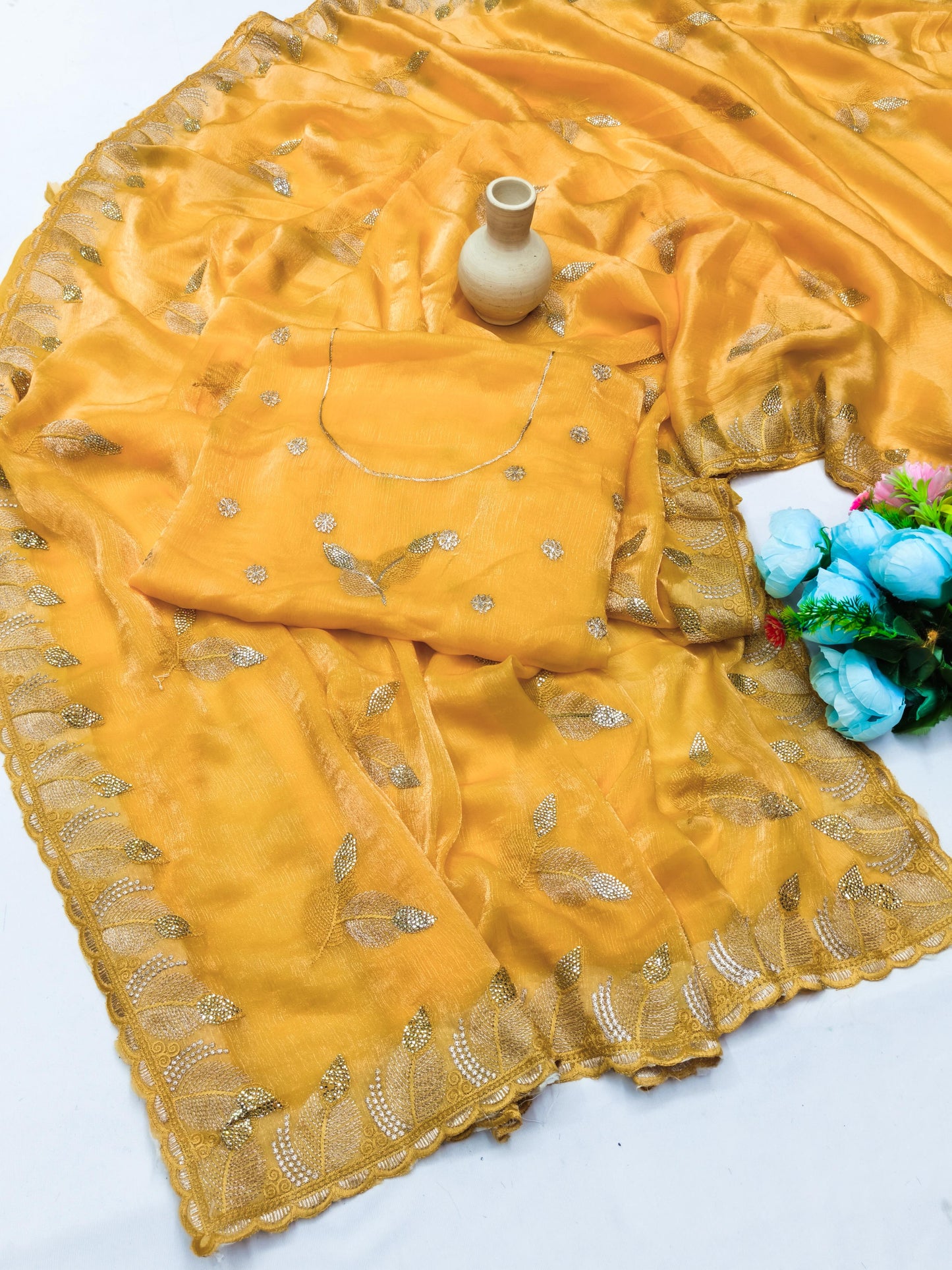DF-TULIP FENDI CHIFFON SAREE WITH THREAD WORK WITH DMC SIROSKI WITH HEAVY BLOUSE