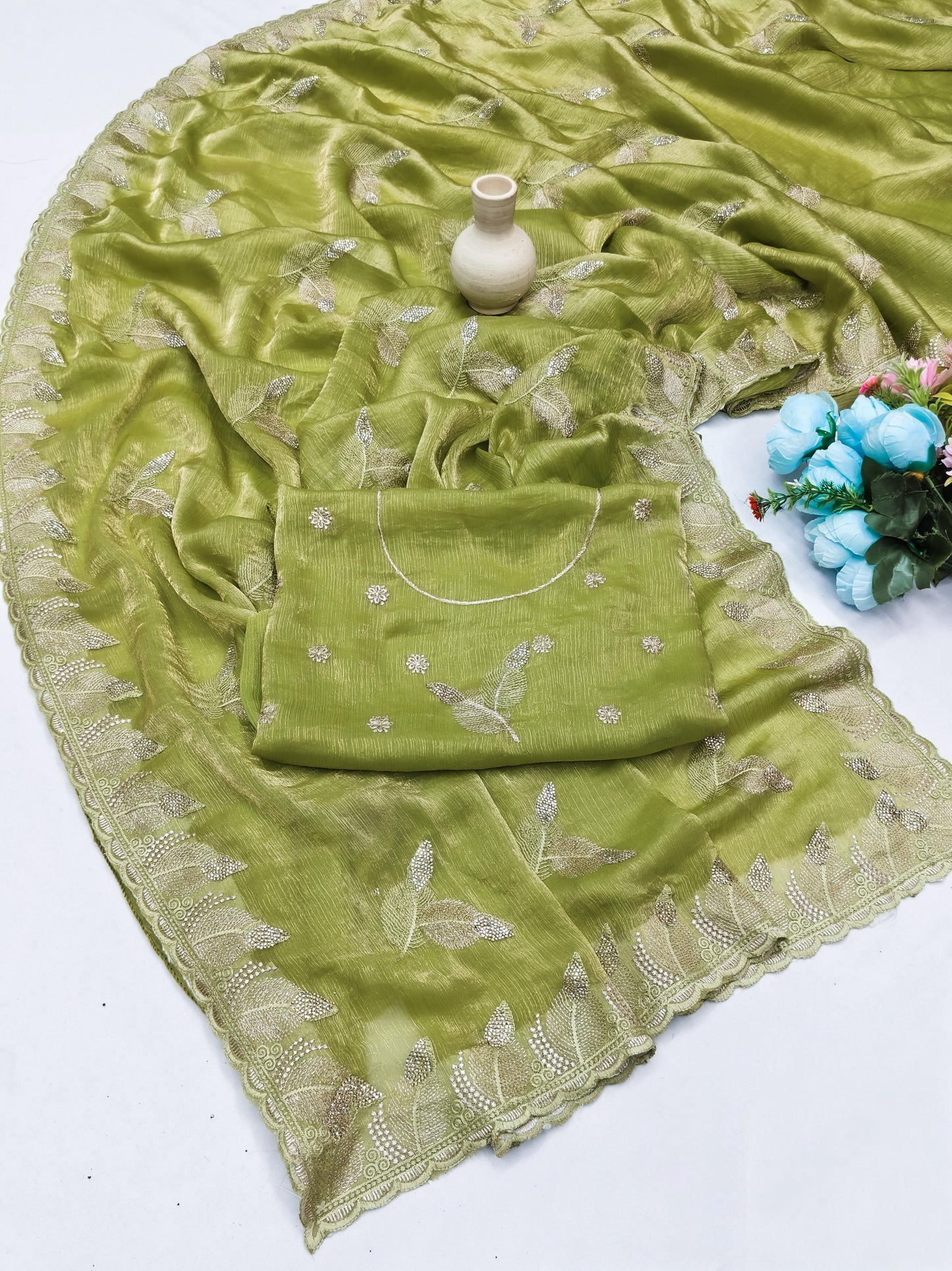 DF-TULIP FENDI CHIFFON SAREE WITH THREAD WORK WITH DMC SIROSKI WITH HEAVY BLOUSE