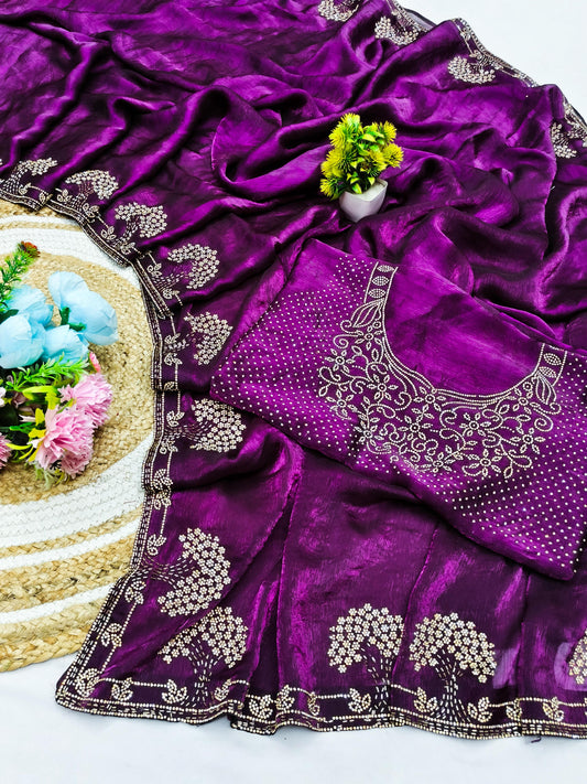 DF-GOLDEN TREE SPACE SILK SAREE WITH HANDWORK AND JARAK WORK ALL OVER WITH HEAVY BLOUSE