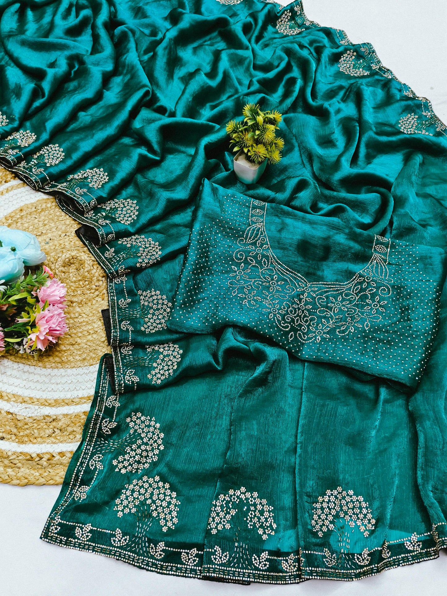 DF-GOLDEN TREE SPACE SILK SAREE WITH HANDWORK AND JARAK WORK ALL OVER WITH HEAVY BLOUSE