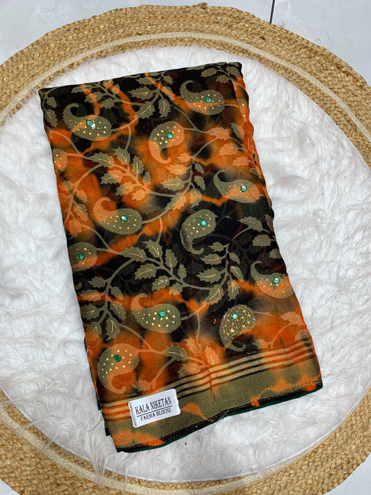 RF-KALA NIKETAN-8 FANCY FABRIC SAREE WITH BRASO PRINT, BOLLYWOOD STYLE PRINT SAREE WITH HEAVY STONE WORK WITH JACKQUARD BORDER WITH HEAVY FIRMA BLOUSE