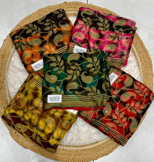 RF-KALA NIKETAN-8 FANCY FABRIC SAREE WITH BRASO PRINT, BOLLYWOOD STYLE PRINT SAREE WITH HEAVY STONE WORK WITH JACKQUARD BORDER WITH HEAVY FIRMA BLOUSE