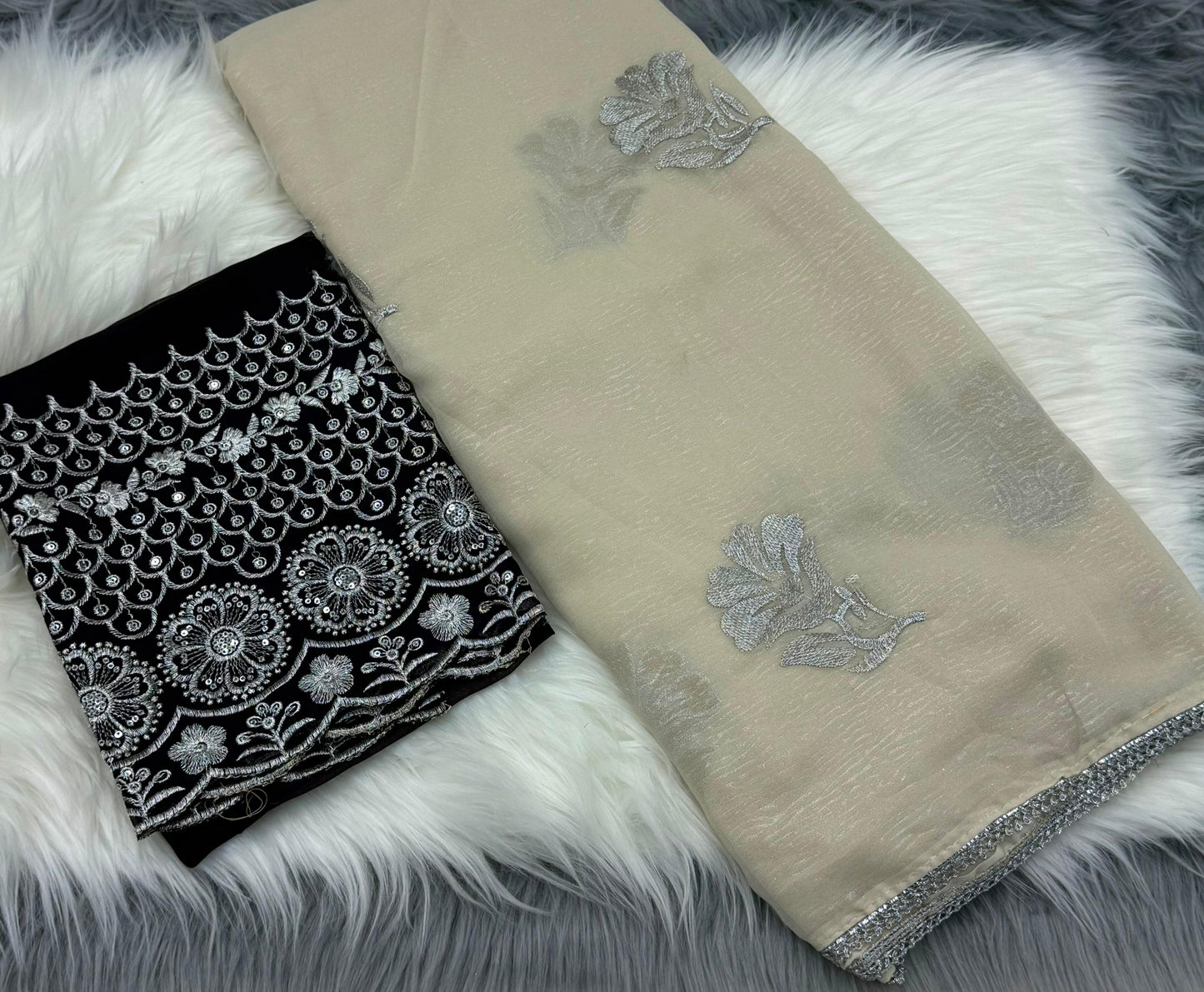 NN-2031 GEORGETTE FABRIC WITH COTED SAREE WITH RICH EMBROIDERY WORK ALL OVER SAREE WITH BEAUTIFUL LACE BORDER WITH CONTRAST SEQUENCE WORK BLOUSE