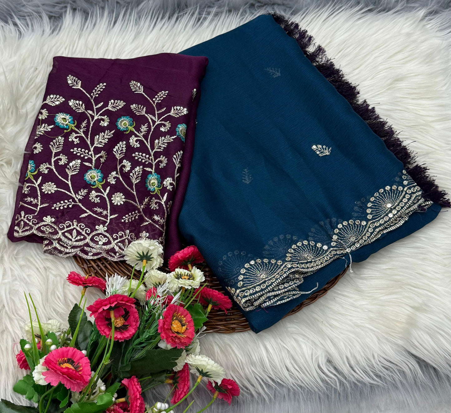 NN-2032 Soft chiffon fabric with sequence work allover saree with beautiful tussels on pallu with contrast heavy embroidary blouse