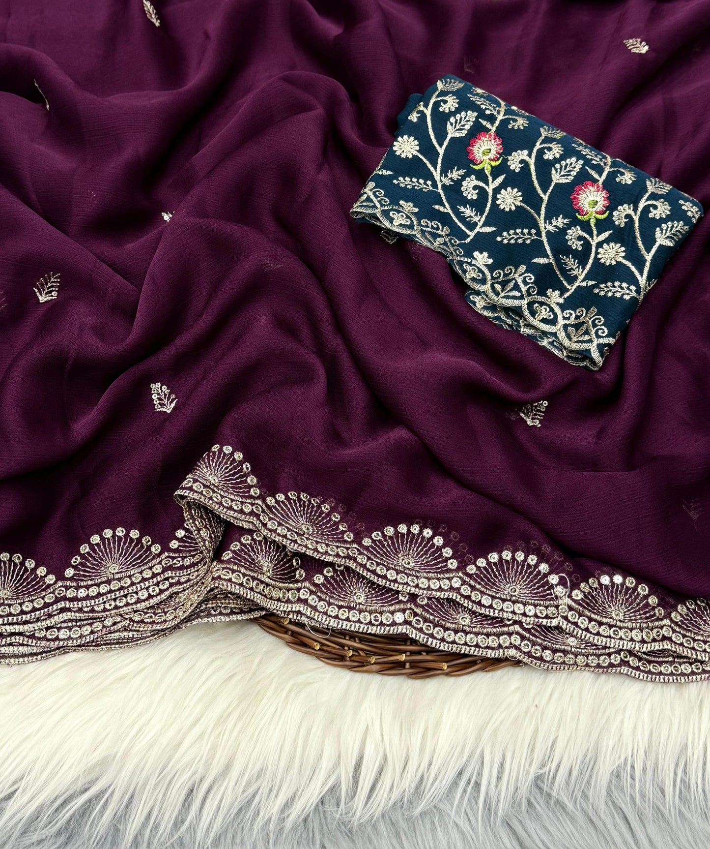 NN-2032 Soft chiffon fabric with sequence work allover saree with beautiful tussels on pallu with contrast heavy embroidary blouse