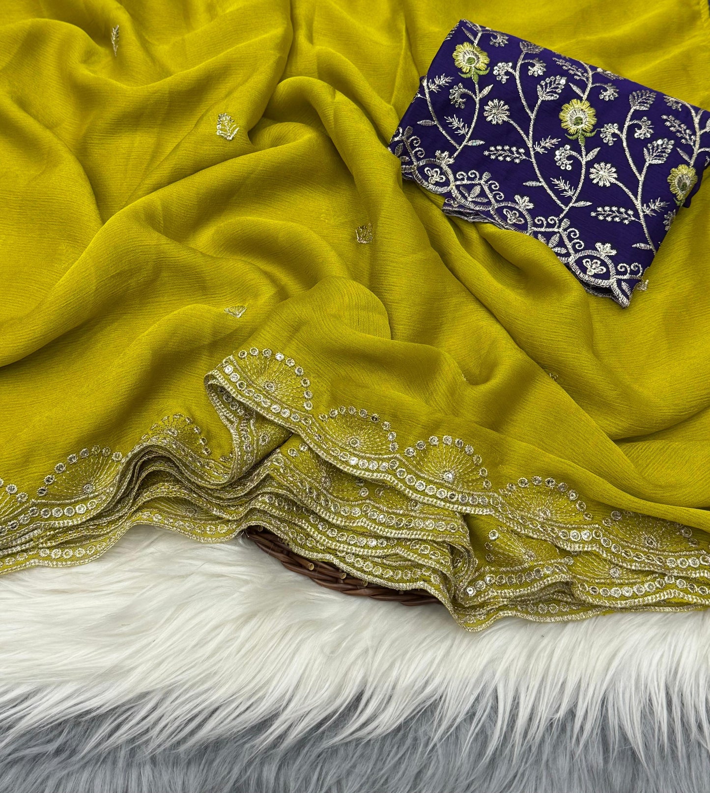 NN-2032 Soft chiffon fabric with sequence work allover saree with beautiful tussels on pallu with contrast heavy embroidary blouse