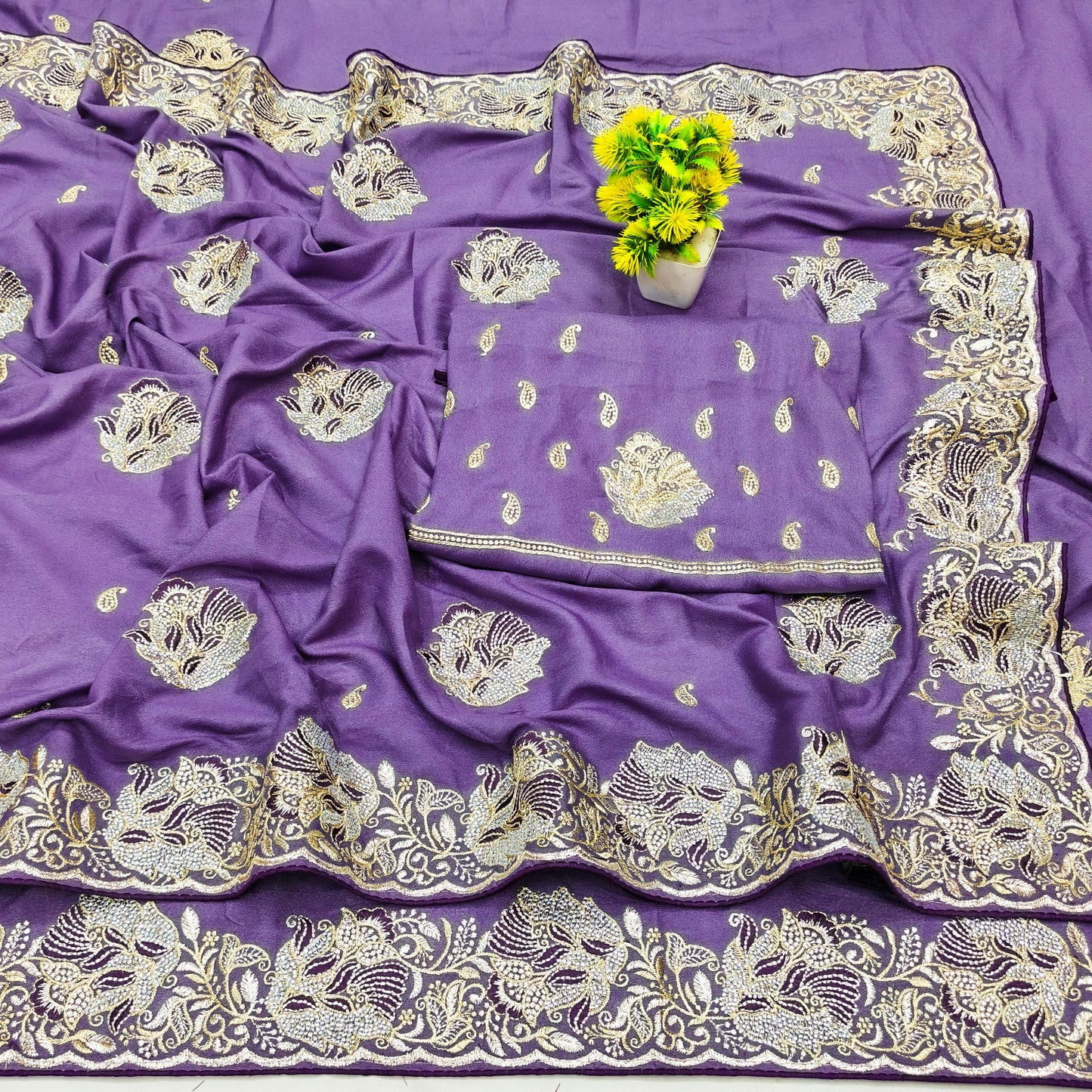 BS-INDRANI PREMIUM CHOCLATE SAREE WITH EMBORIDERY AND THREAD WORK WITH SIROSKI ALL OVER WITH HEAVY BLOUSE