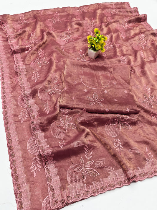DF-RAKSHA-BHANDHAN TWO TONE FENDI SAREE WITH WHOLE THREAD WORK BEAUTIFUL DESIGN WITH DMC SIROSKI ON BORDER