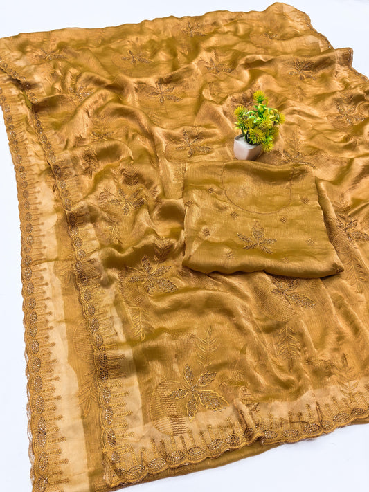 DF-RAKSHA-BHANDHAN TWO TONE FENDI SAREE WITH WHOLE THREAD WORK BEAUTIFUL DESIGN WITH DMC SIROSKI ON BORDER