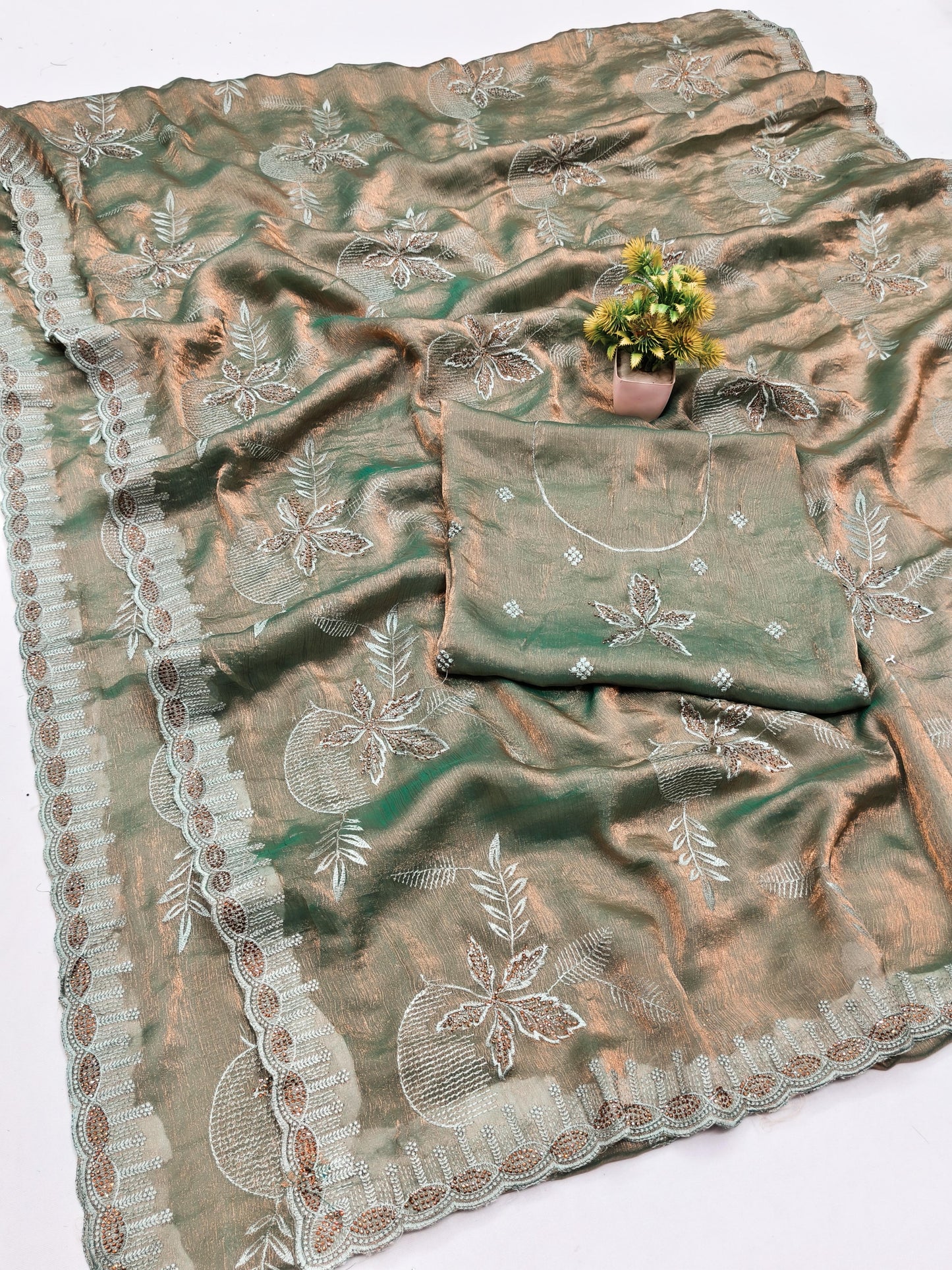 DF-RAKSHA-BHANDHAN TWO TONE FENDI SAREE WITH WHOLE THREAD WORK BEAUTIFUL DESIGN WITH DMC SIROSKI ON BORDER