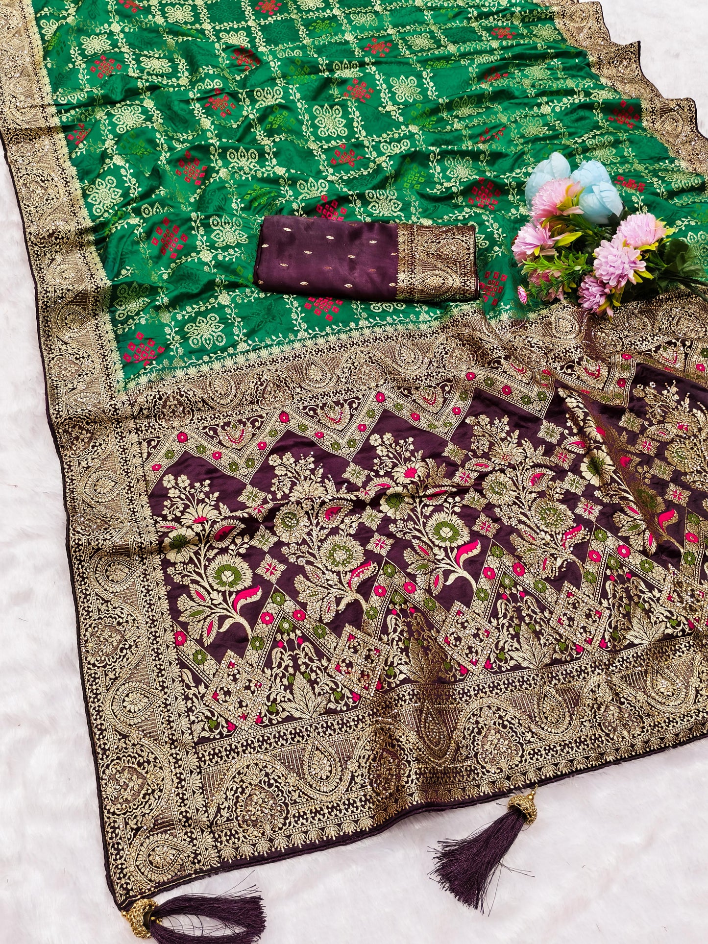 AJ-PURE-FLOWER PURE SATIN DYEBLE SAREE WITH BEAUTIFUL RICH PALLU WITH JARKAN WORK ALL OVER WITH PIPING BORDER AND HEAVY LATKAN