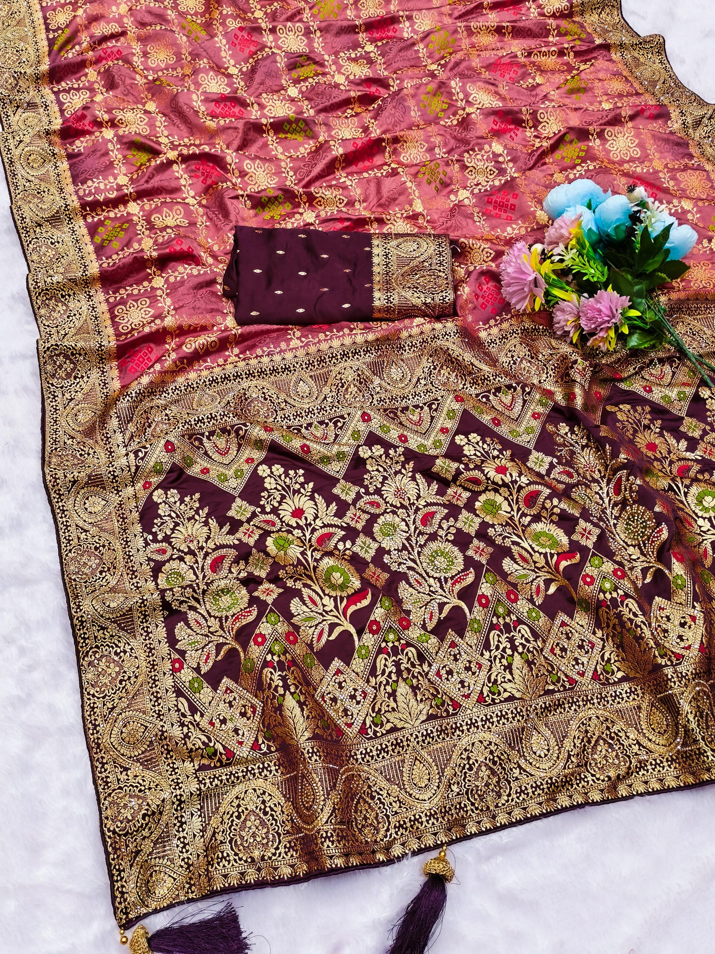 AJ-PURE-FLOWER PURE SATIN DYEBLE SAREE WITH BEAUTIFUL RICH PALLU WITH JARKAN WORK ALL OVER WITH PIPING BORDER AND HEAVY LATKAN