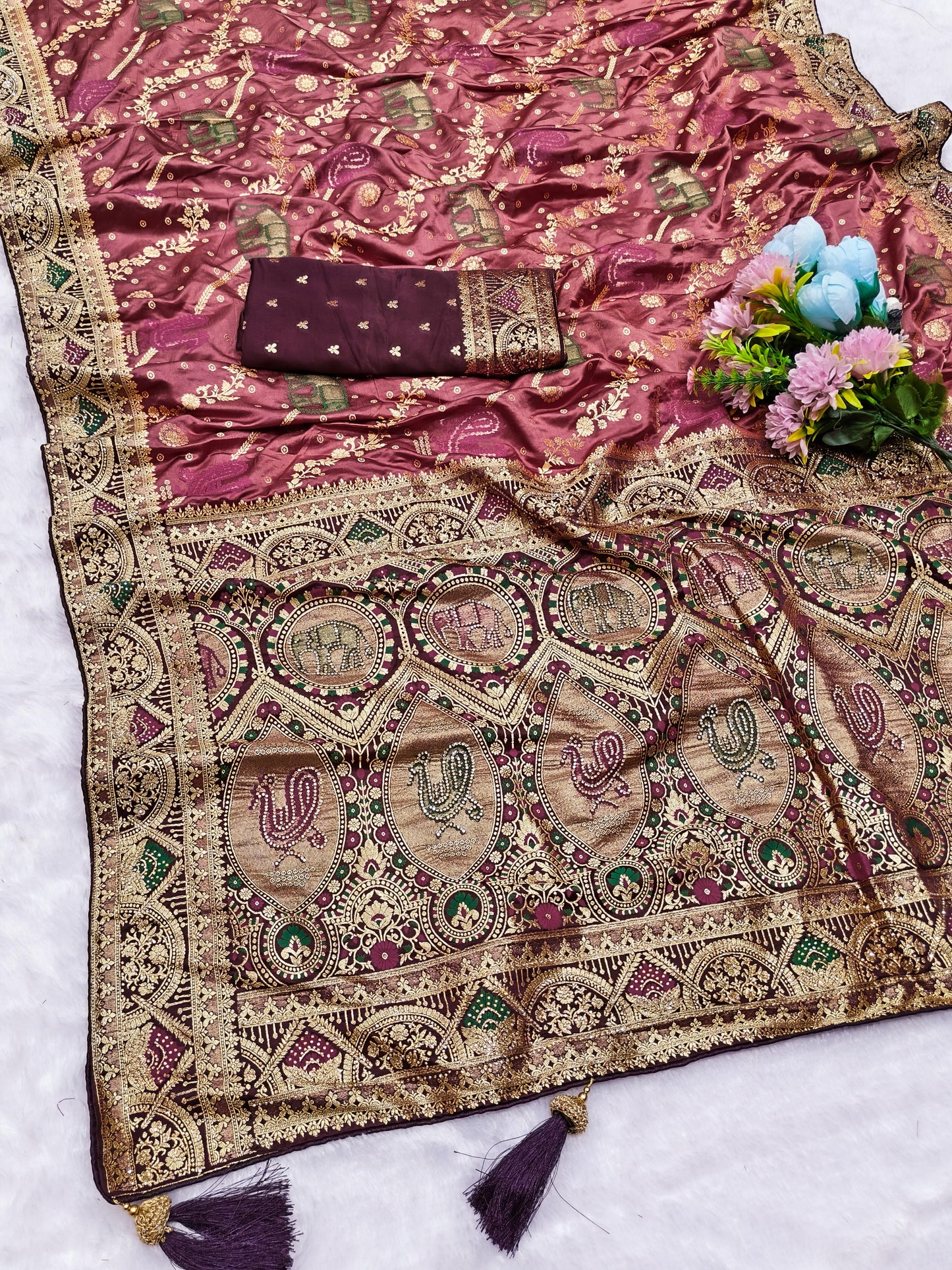 AJ-PURE-PEACOCK PURE SATIN DYEBLE SAREE WITH BEAUTIFUL RICH PALLU WITH JARKAN WORK ALL OVER WITH PIPING BORDER AND HEAVY LATKAN