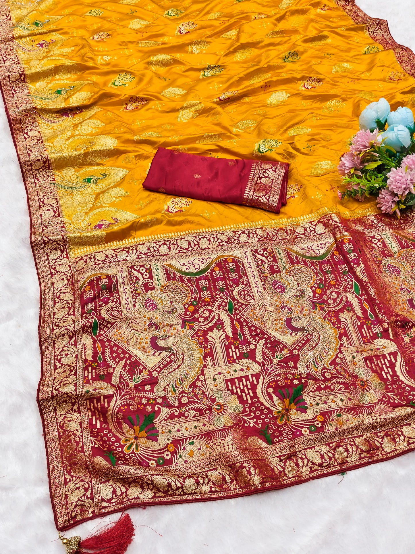 AJ-PURE-ARADHNA PURE SATIN DYEBLE SAREE WITH BEAUTIFUL RICH PALLU WITH JARKAN WORK ALL OVER WITH PIPING BORDER AND HEAVY LATKAN