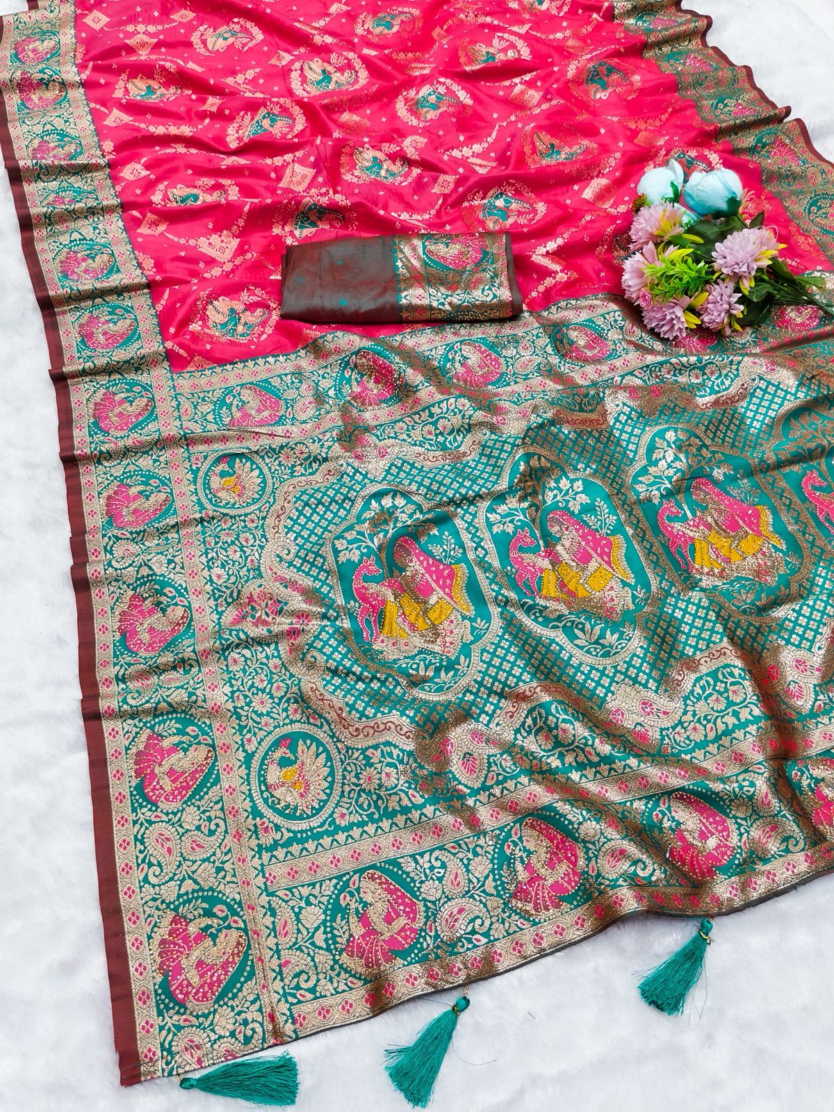 AJ-KANIYA SOFT SILK SAREE WITH GRAND PALLU WITH DMC SIROSKI WORK ALL OVER WITH TASSELS