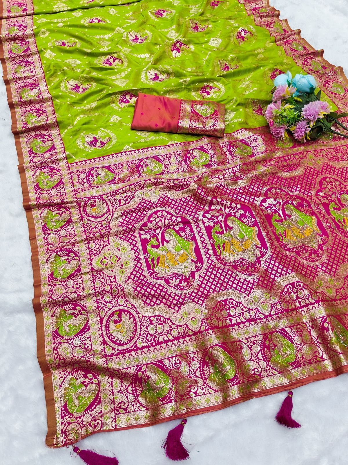 AJ-KANIYA SOFT SILK SAREE WITH GRAND PALLU WITH DMC SIROSKI WORK ALL OVER WITH TASSELS