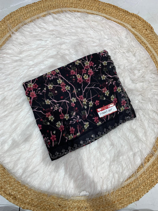 PRINT-3051 PREMIUM LBS FABRIC SAREE WITH BEAUTIFUL JHAL DESIGN PRINT WITH BLACK COMMON DESIGN WITH HEAVY SIROSKI BORDER WITH 6.30 MTR CUT