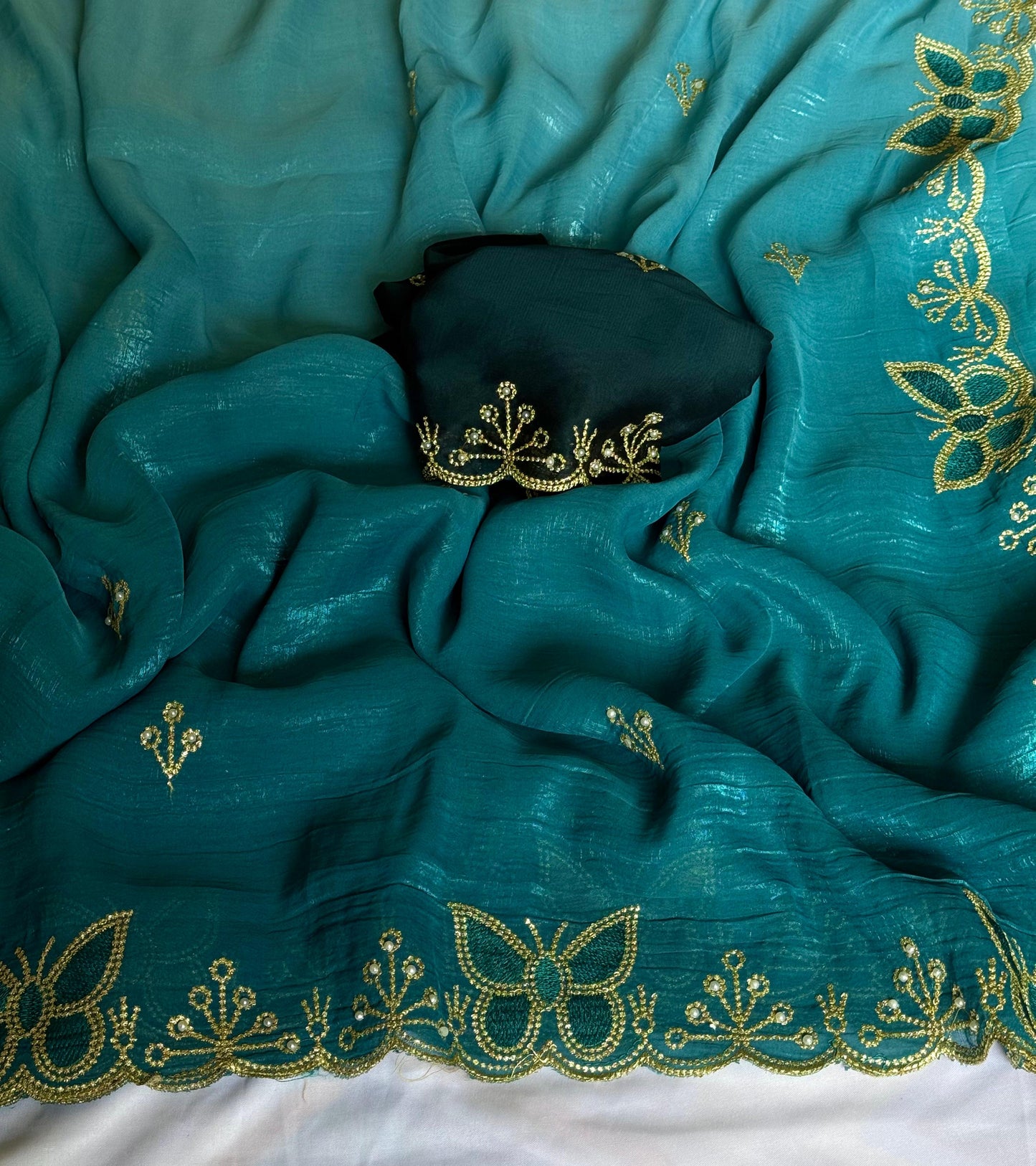 NN-2034 Gold crush pedding fabric with c-pallu work & moti work scalloped cut work border with contrast embroidary moti work blouse