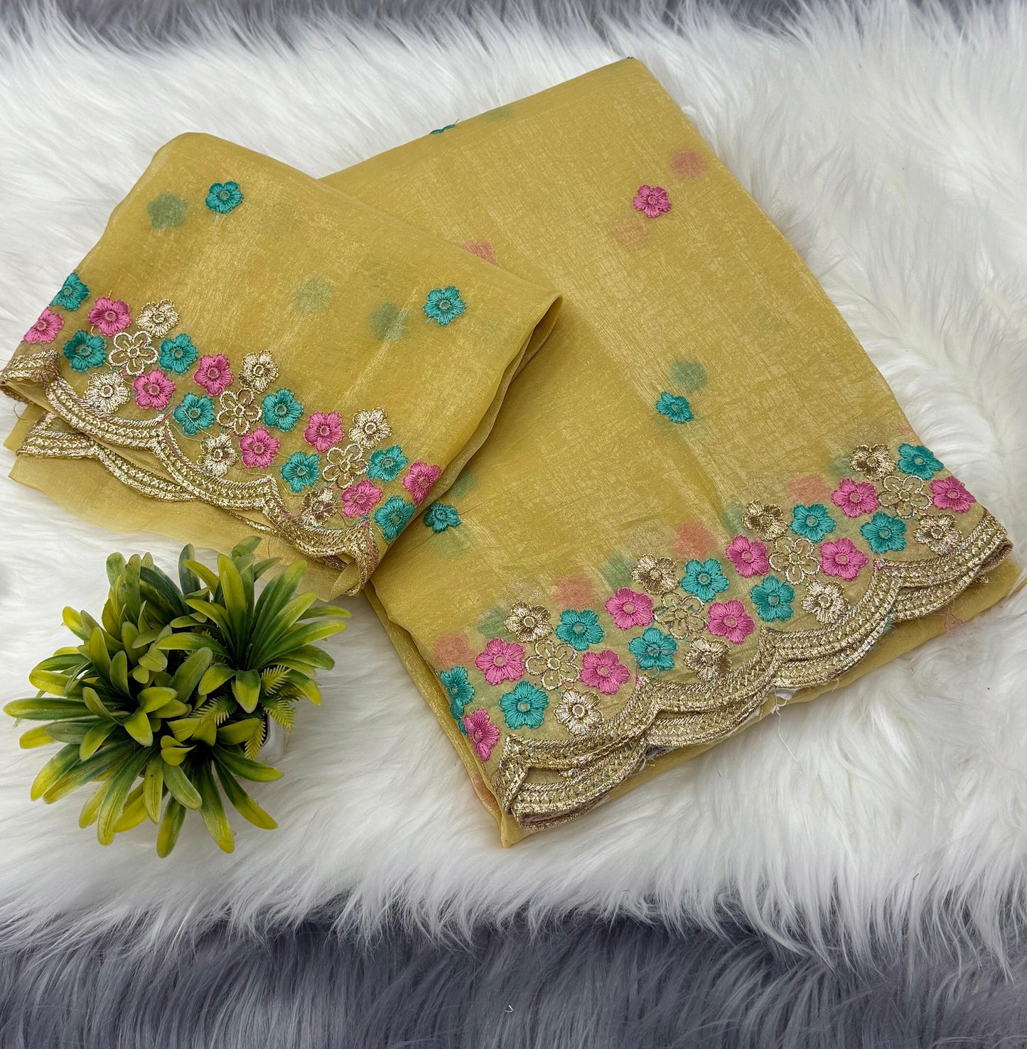 NN-2036 Crunchy chiffon fabric with multi thread embroidary c- pallu work with tone to tone work blouse