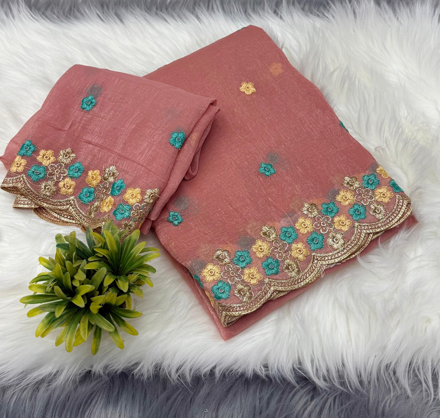NN-2036 Crunchy chiffon fabric with multi thread embroidary c- pallu work with tone to tone work blouse