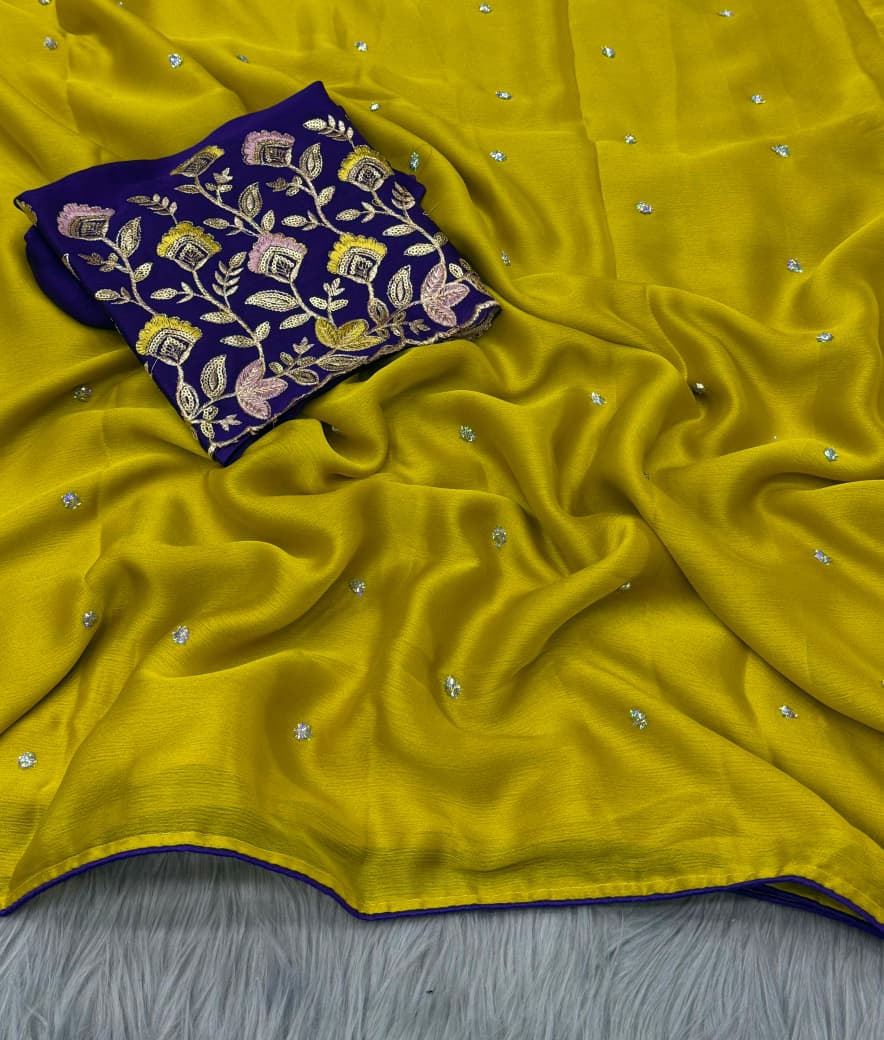 NN-2035 Suru chiffon Fabric with heavy emboridery work allover saree with piping border with tassels