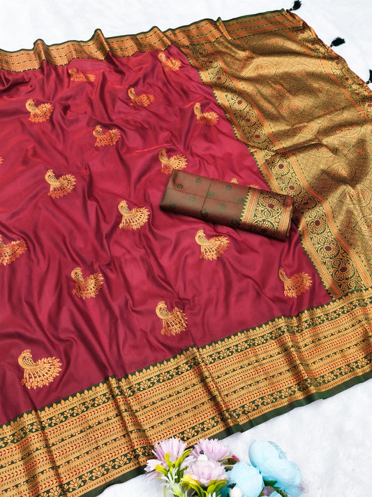AJ-GOLDEN-MORNI SOFT SILK SAREE WITH SATIN PATTA WITH RICH CONTRAST PALLU WITH PEACOCK DESIGN VIRAL DESIGN