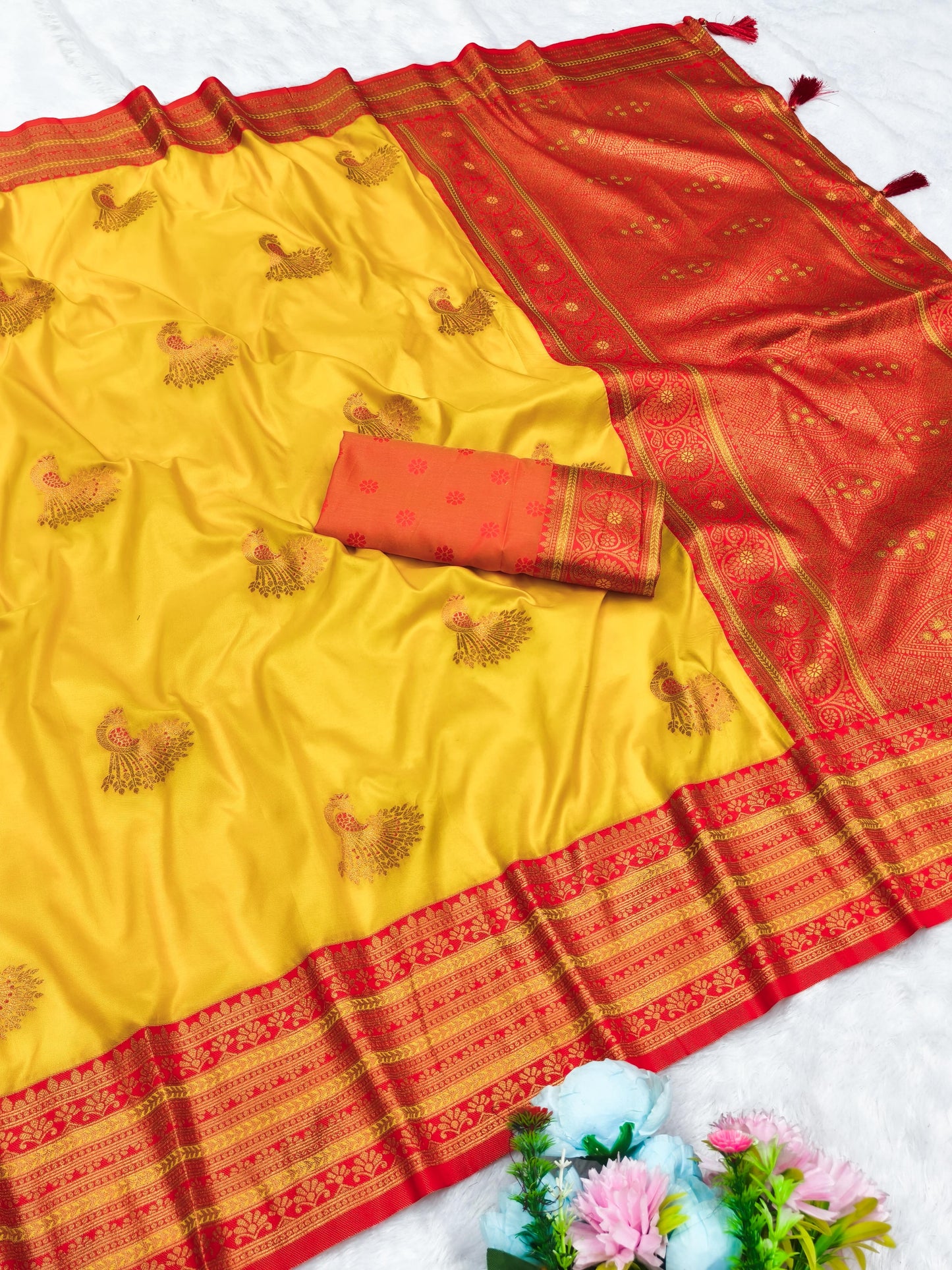 AJ-GOLDEN-MORNI SOFT SILK SAREE WITH SATIN PATTA WITH RICH CONTRAST PALLU WITH PEACOCK DESIGN VIRAL DESIGN