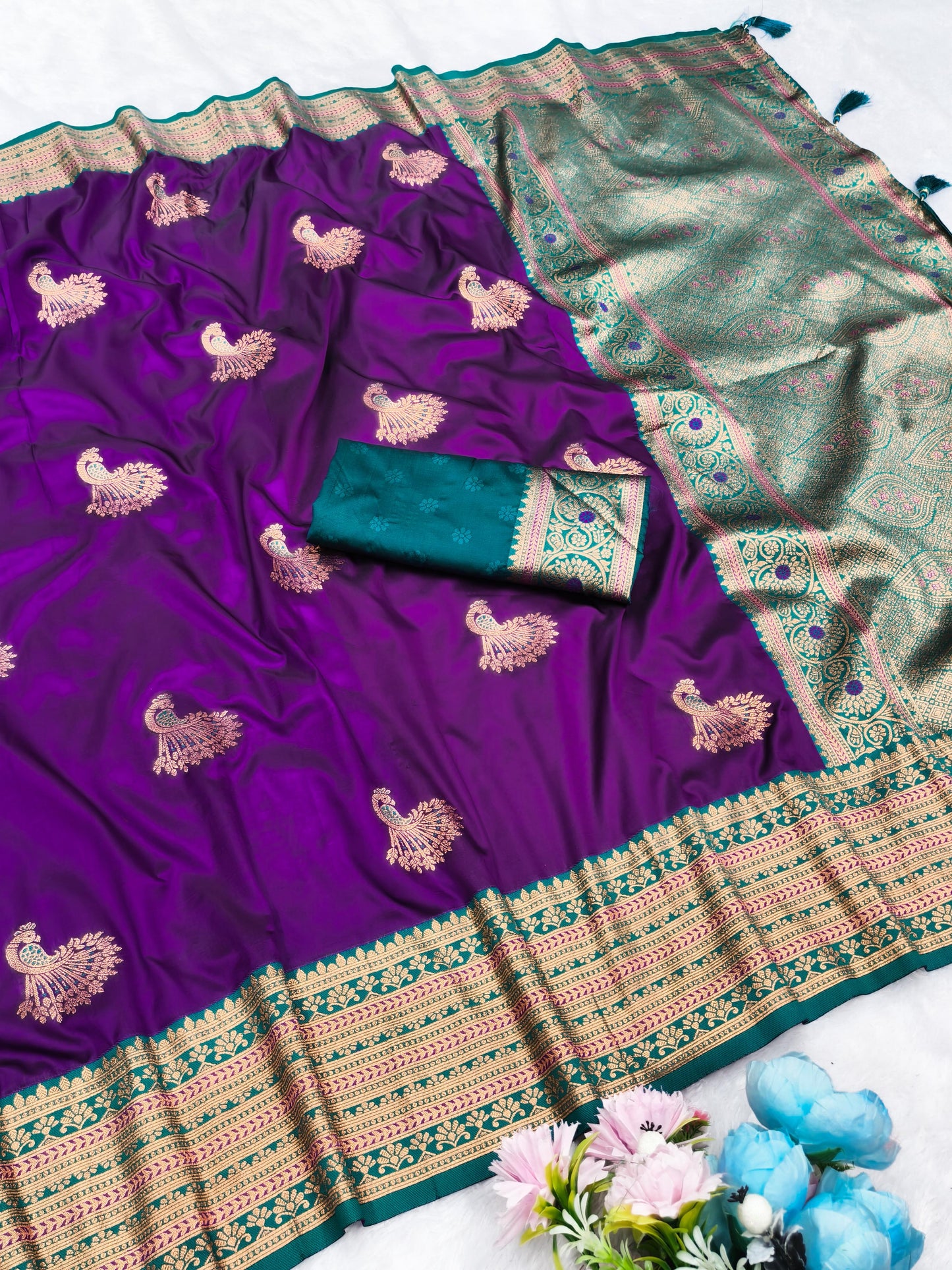 AJ-GOLDEN-MORNI SOFT SILK SAREE WITH SATIN PATTA WITH RICH CONTRAST PALLU WITH PEACOCK DESIGN VIRAL DESIGN