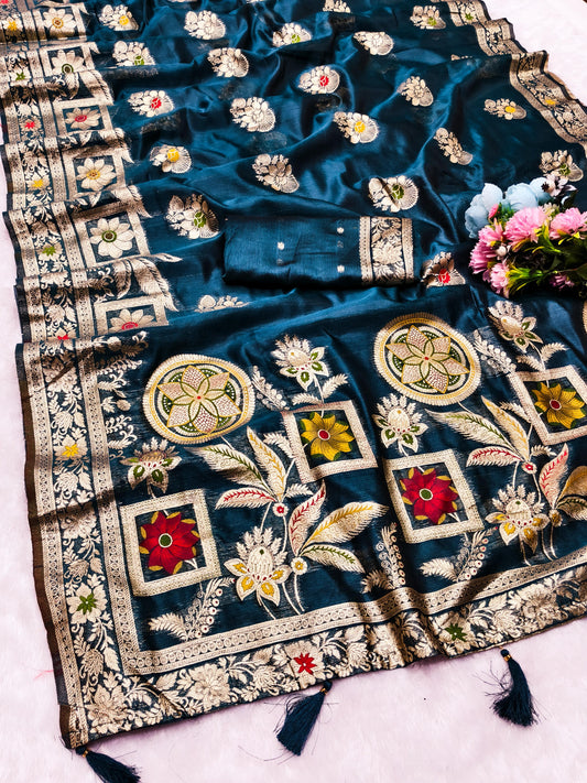 OG-SALVIA ORGANZA SILK SAREE WITH BEAUTIFUL PALLU WITH MEENAKARI WORK WITH TASSELS