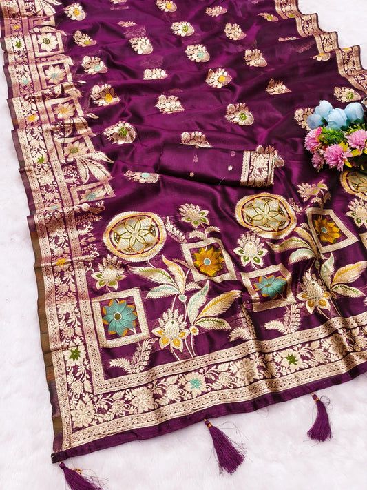 OG-SALVIA ORGANZA SILK SAREE WITH BEAUTIFUL PALLU WITH MEENAKARI WORK WITH TASSELS