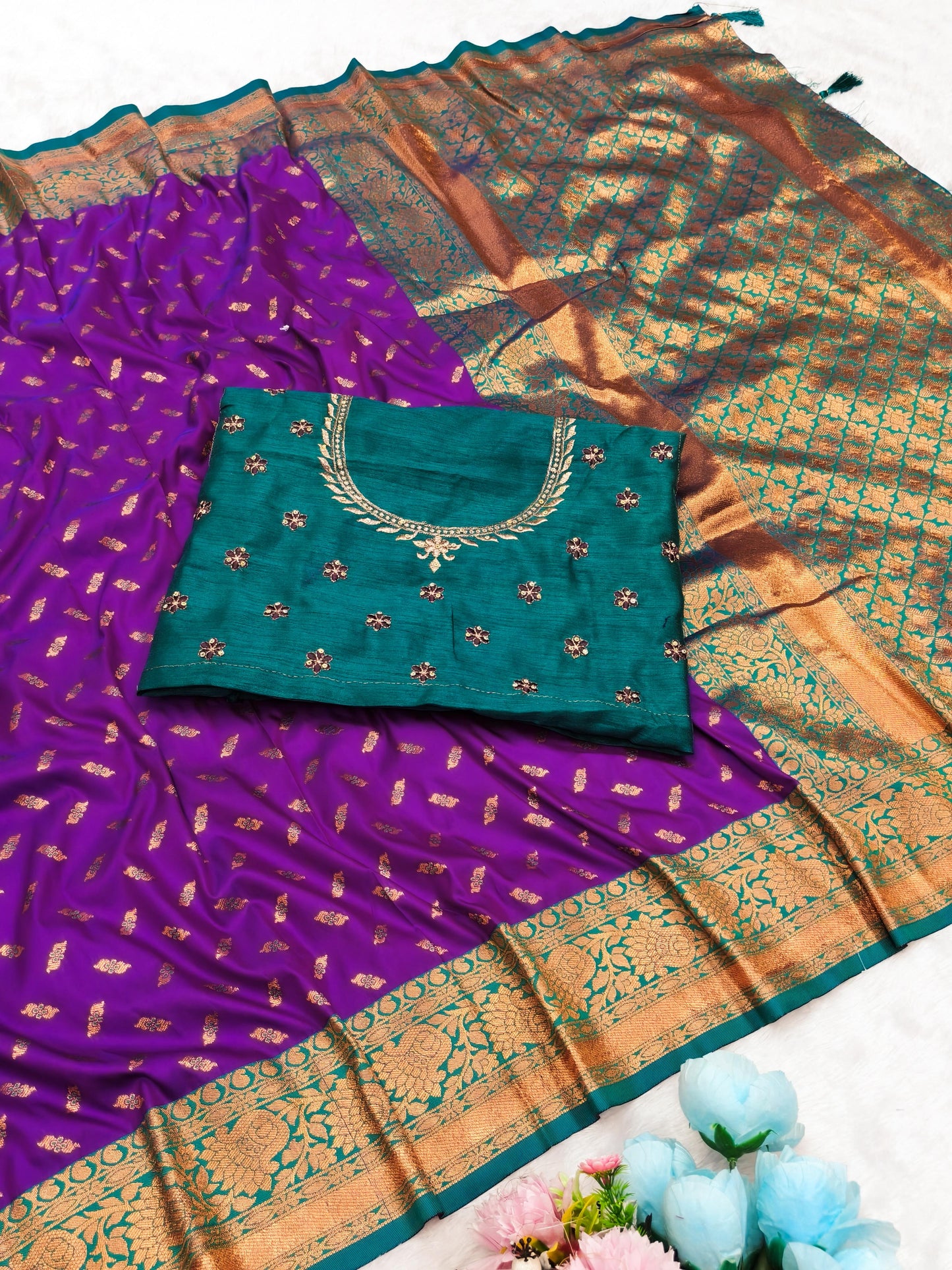 AJ-SARITA-HEAVYBLOUSE PREMIUM SOFT SILK WITH BUTTI DESIGN WITH COPPER JAREE WITH HEAVY EMBORIDERY BLOUSE