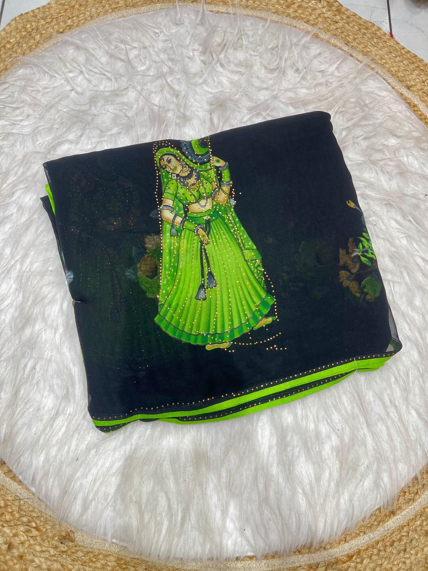 PRINT-BAHU WEIGHTLESS SAREE WITH VIRAL PRINT WITH DMC WORK AND PIPING BORDER