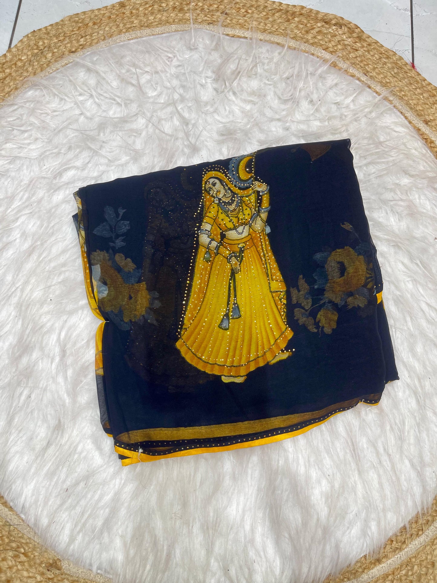 PRINT-BAHU WEIGHTLESS SAREE WITH VIRAL PRINT WITH DMC WORK AND PIPING BORDER