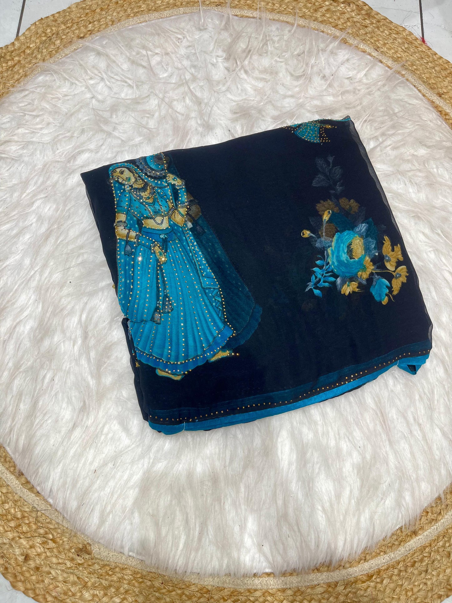 PRINT-BAHU WEIGHTLESS SAREE WITH VIRAL PRINT WITH DMC WORK AND PIPING BORDER