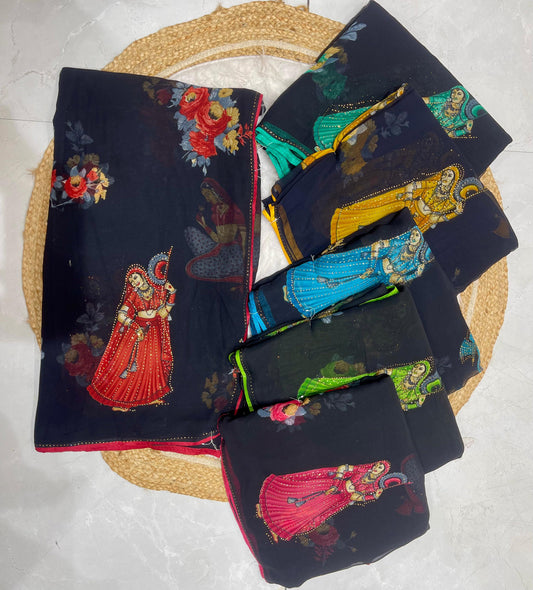 PRINT-BAHU WEIGHTLESS SAREE WITH VIRAL PRINT WITH DMC WORK AND PIPING BORDER
