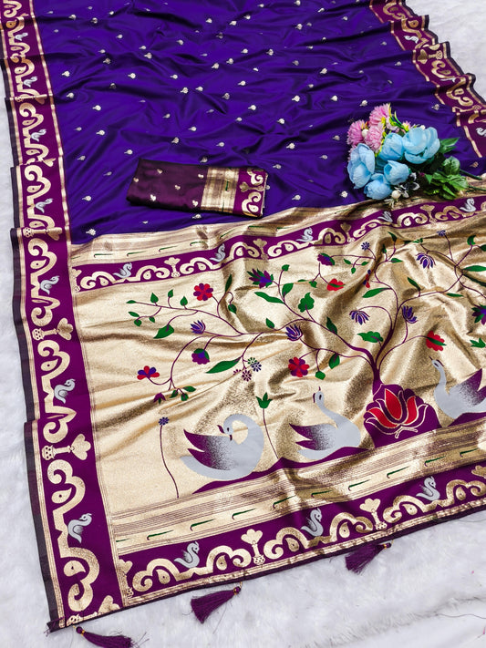 AJ-RAJHANS-PAITHANI PREMIUM SOFT PAITHANI SILK WITH RICH SWAN PALLU WITH RICH BORDER WITH BUTTI BARCODE BLOUSE