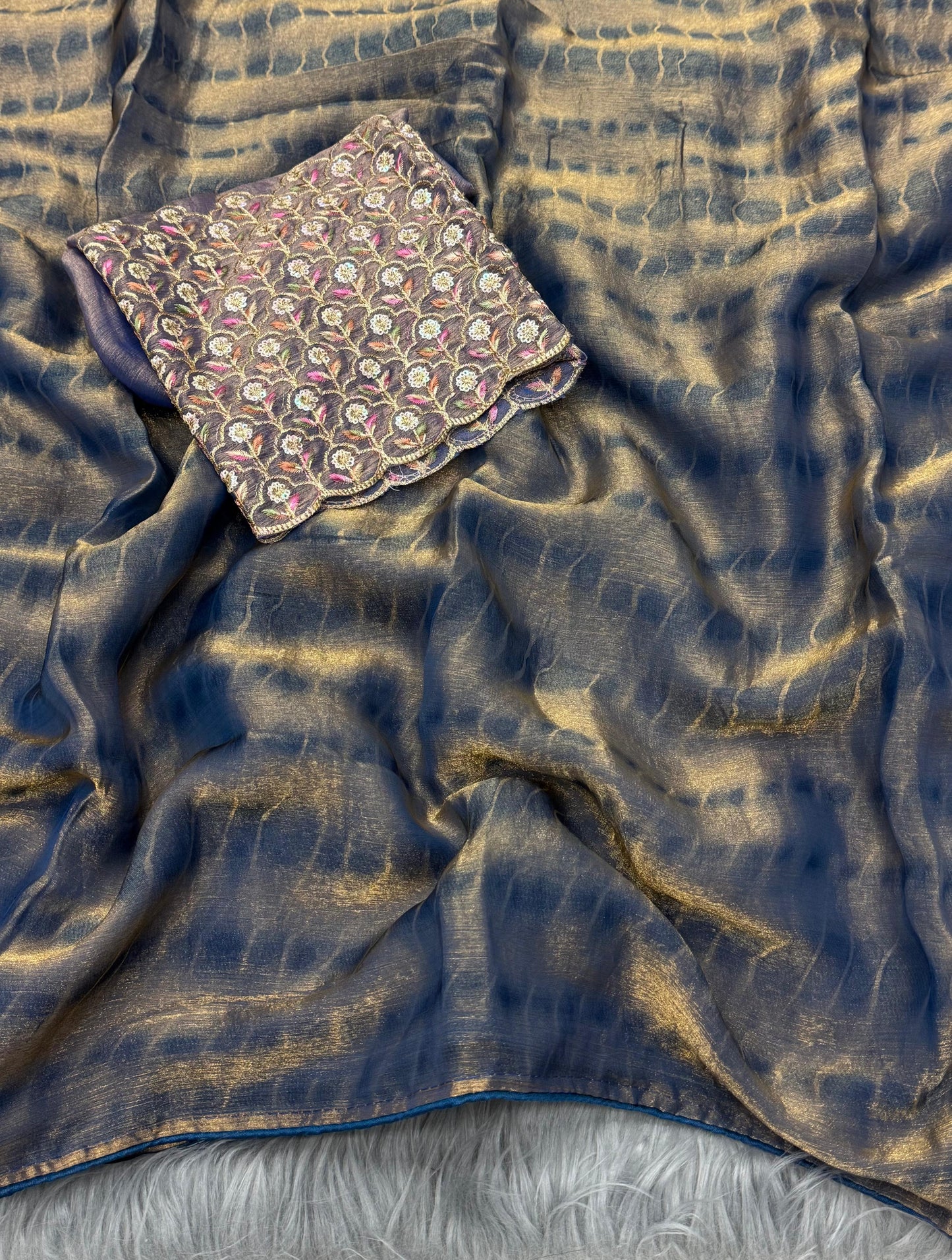 NN-2042 Space silk fabric with zebra pattern tie & die with pipping border and tassles with Heavy sequence work blouse