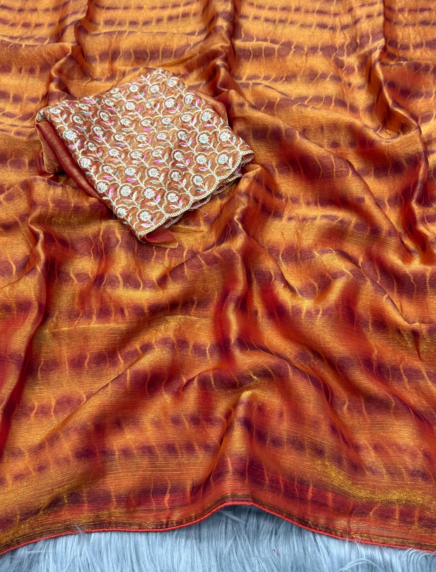 NN-2042 Space silk fabric with zebra pattern tie & die with pipping border and tassles with Heavy sequence work blouse