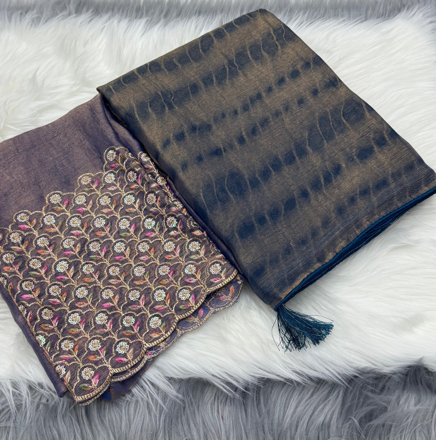 NN-2042 Space silk fabric with zebra pattern tie & die with pipping border and tassles with Heavy sequence work blouse