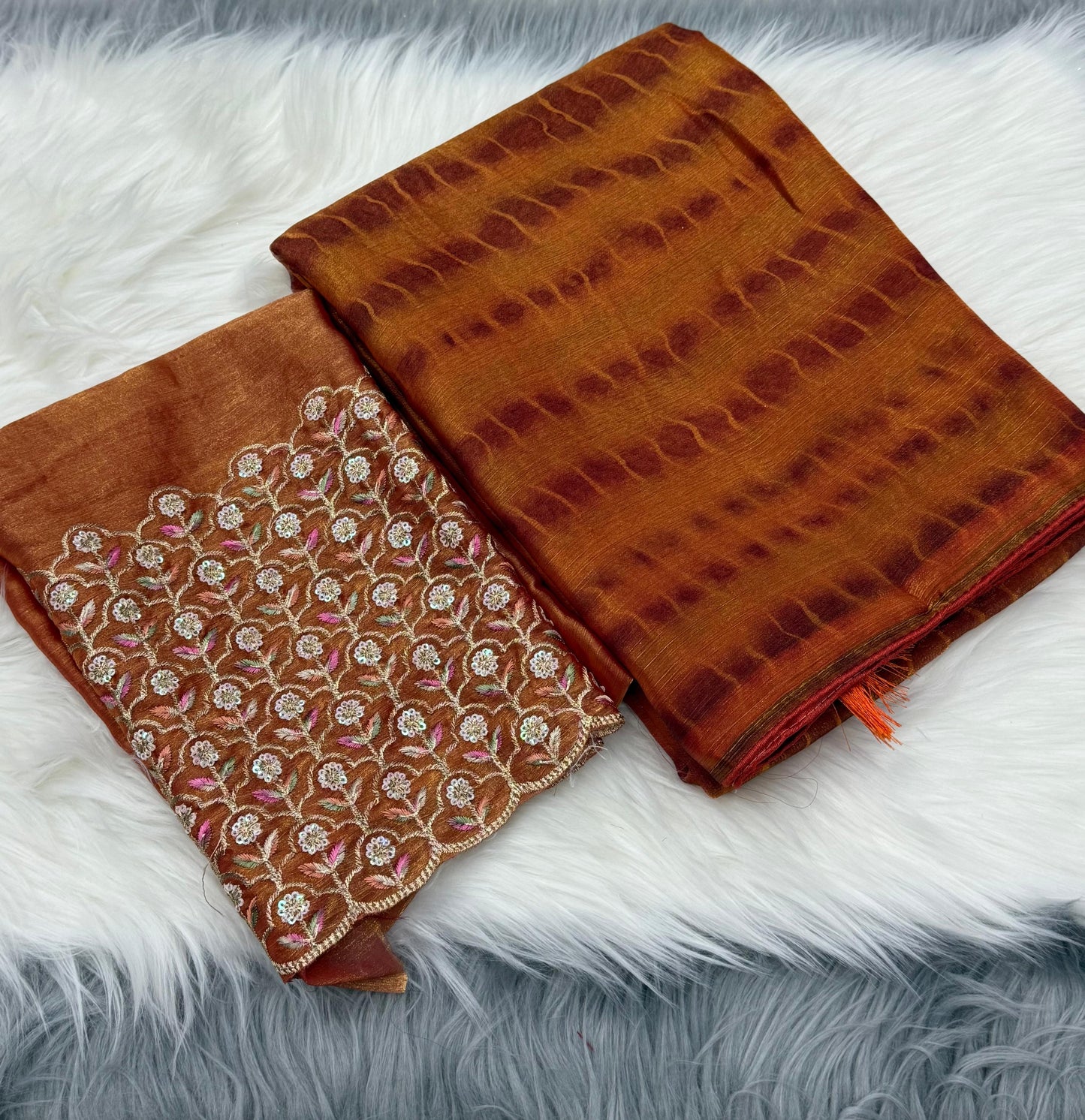 NN-2042 Space silk fabric with zebra pattern tie & die with pipping border and tassles with Heavy sequence work blouse