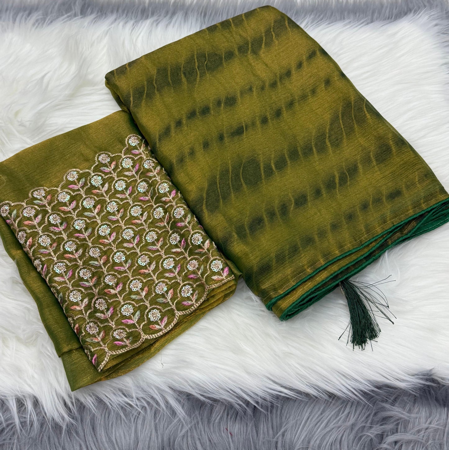 NN-2042 Space silk fabric with zebra pattern tie & die with pipping border and tassles with Heavy sequence work blouse